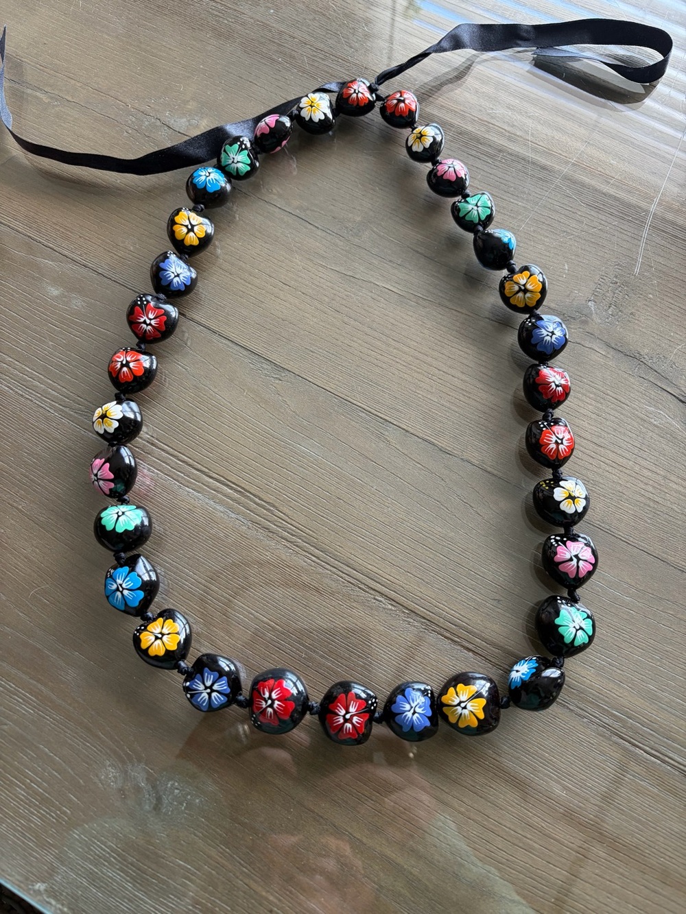 Vintage Handpainted Floral Black kukui nut Necklace with Multicolor Flowers